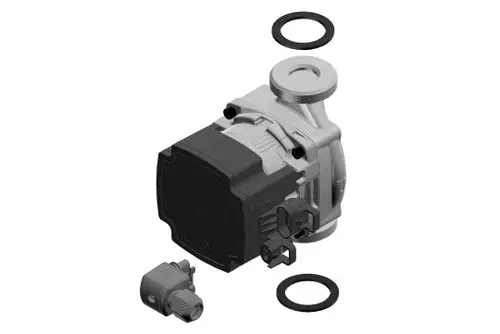 Bosch-Pumpe mit einer zusammengebauten Komponente, einem abnehmbaren Anschluss und zwei Dichtungsringen. Das Gehäuse ist metallisch mit einer schwarzen Oberseite.